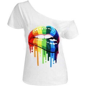 Womens Plus Size Lips Print Off Shoulder T Shirt Casual Summer Top Short Sleeve